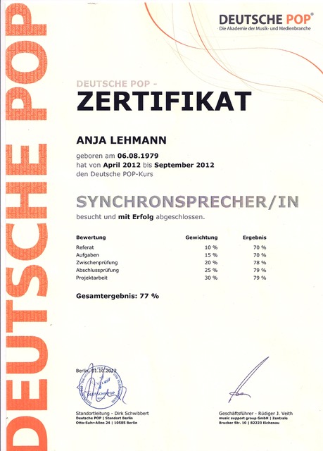 Zertifikat Synchronsprecherin